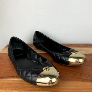 Tory Burch Kaitlin Flats Black Quilted Leather Gold Logo Ballet Shoes size 8.5